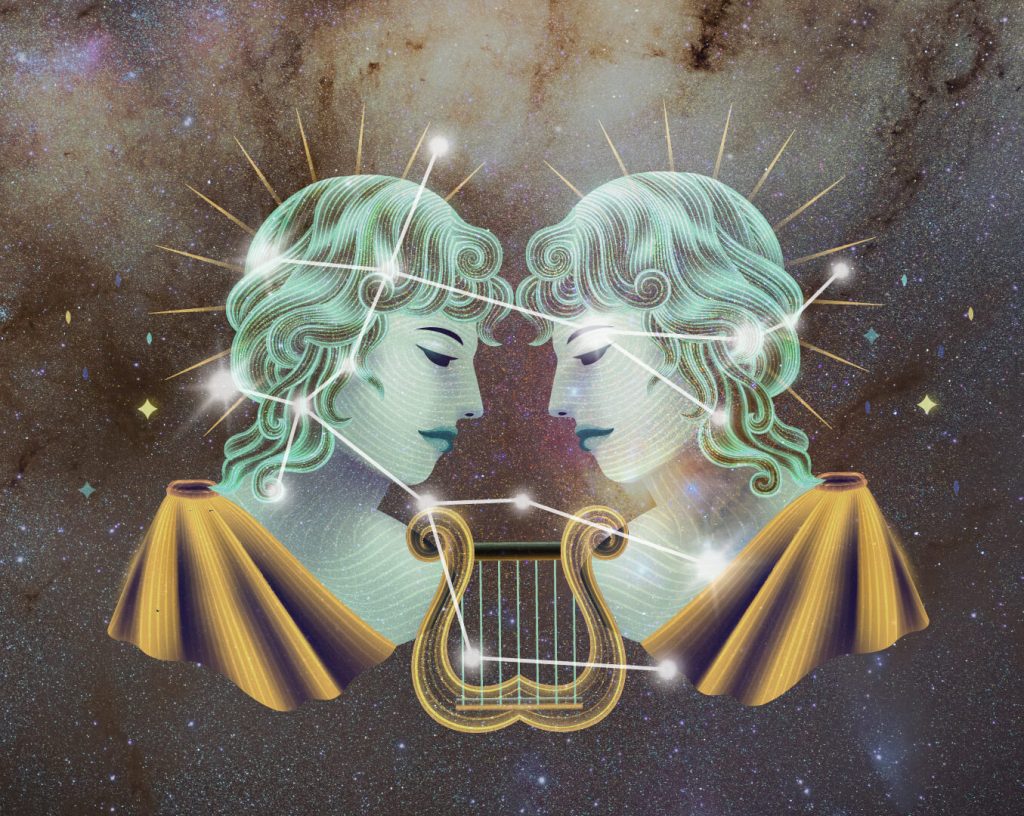 Vía láctea con signo de Géminis de fondo.